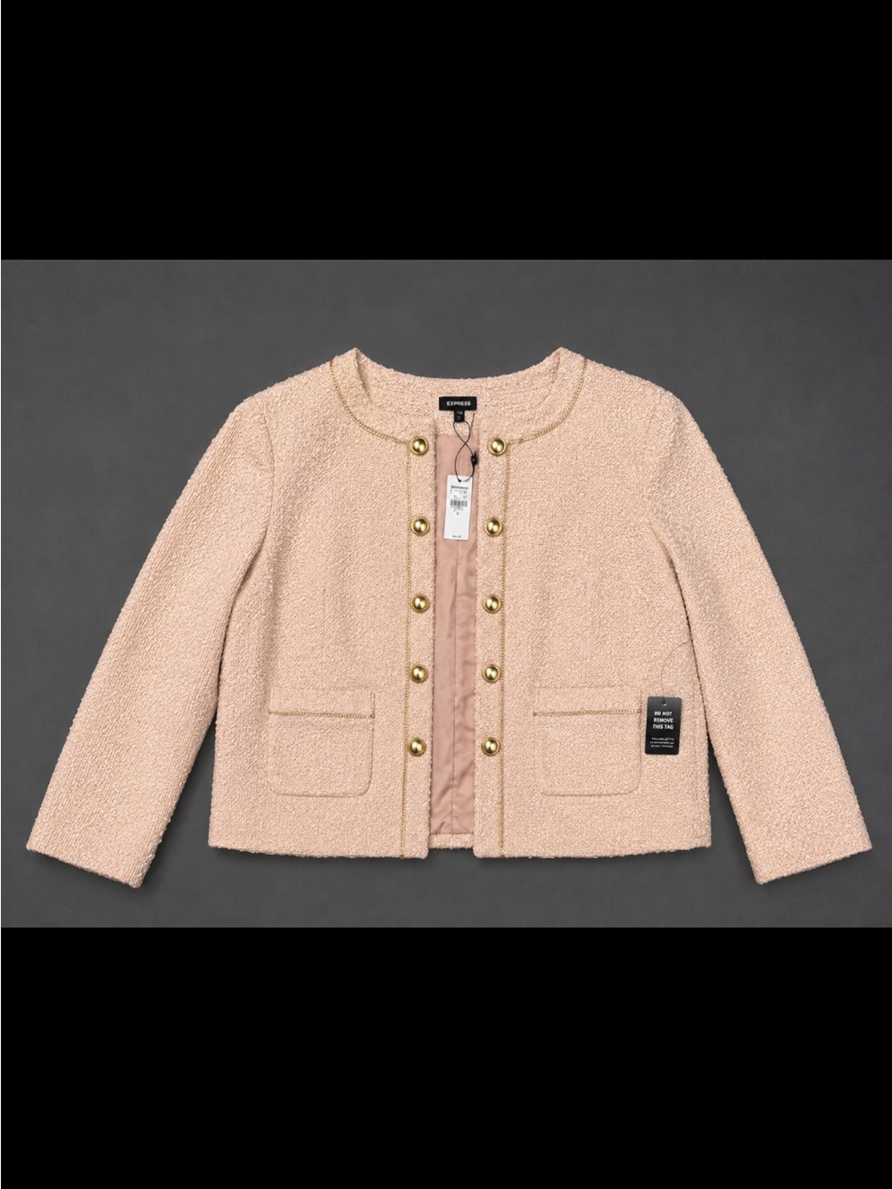 Express Pink Bouclé Collarless Gold Button Chain Trim Jacket XL NWT - Picture 15 of 16